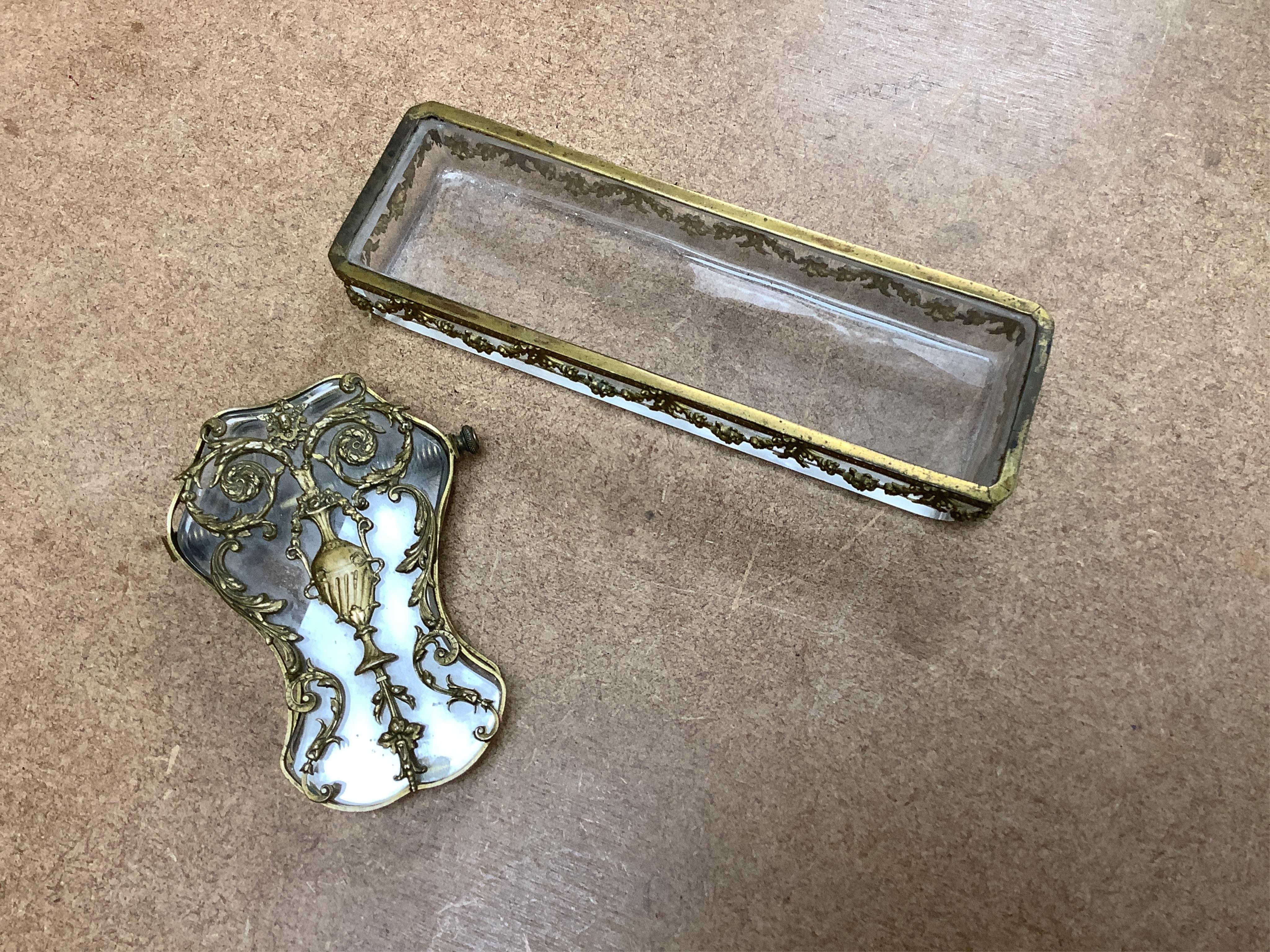 A brass cased carriage clock and five ormolu mounted glass desk accessories, clock 12cm high. Condition - unknown if clock working, desk accessories fair to good condition.